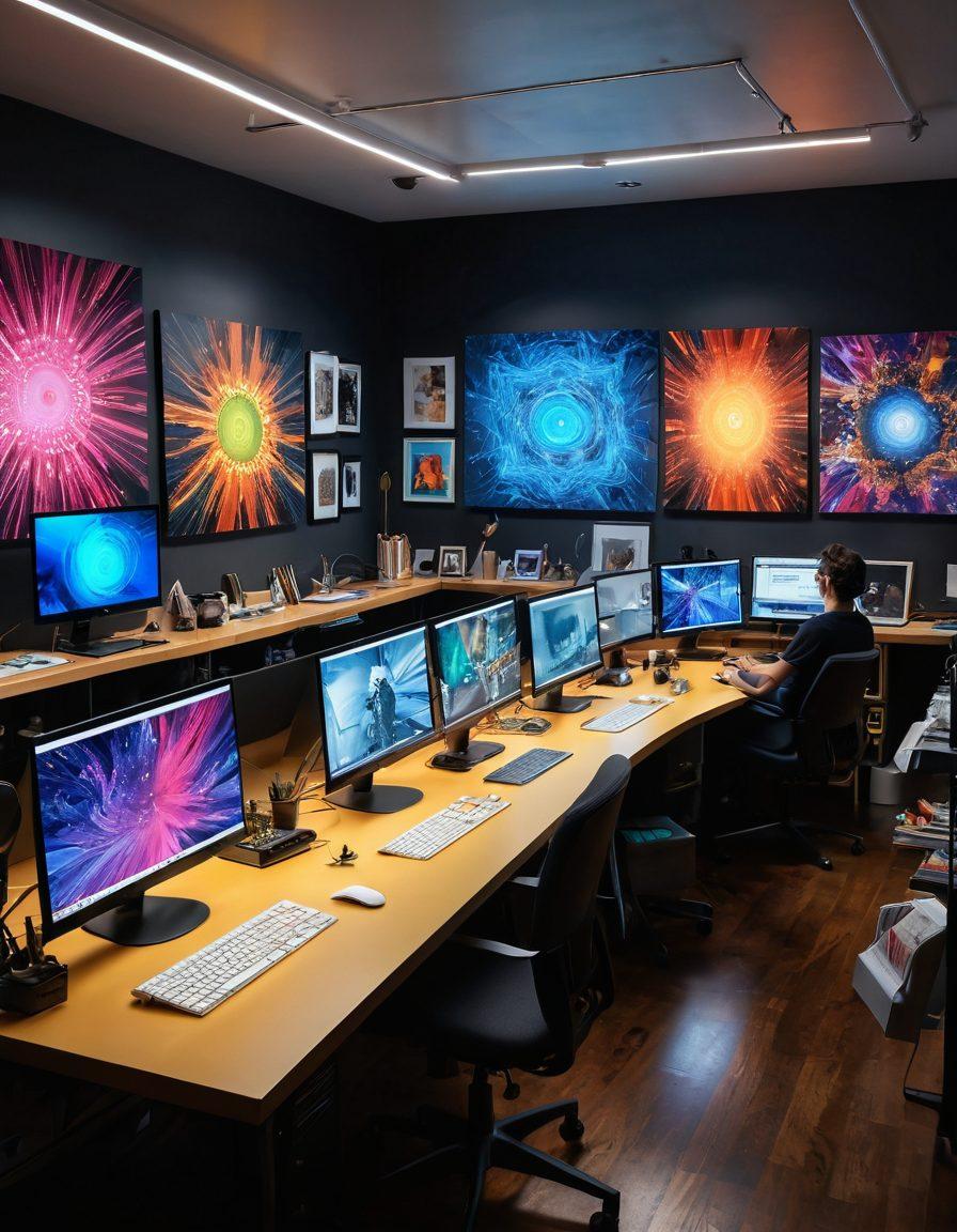 A modern artist's studio filled with high-tech graphic production tools, surrounded by screens displaying vibrant multimedia art. In the foreground, a diverse group of artists collaborating on a digital canvas, showcasing innovative techniques and creativity. Background featuring a wall with dynamic visual art pieces, blending traditional and digital styles. Bright, engaging colors emphasizing a forward-thinking atmosphere. super-realistic. vibrant colors. 3D.