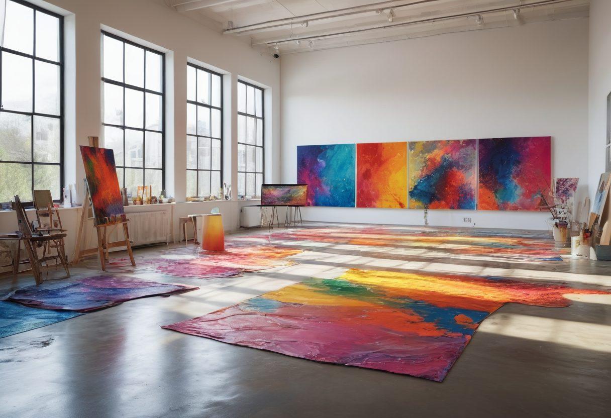 A modern art studio filled with vibrant colors, showcasing artists at work on large canvases and digital screens, blending traditional painting with digital design tools. Include abstract sculptures in the background, large windows letting in natural light, and splashes of paint on the floors and walls, symbolizing creativity in chaos. The atmosphere should feel inspiring and dynamic. super-realistic. vibrant colors. 3D.