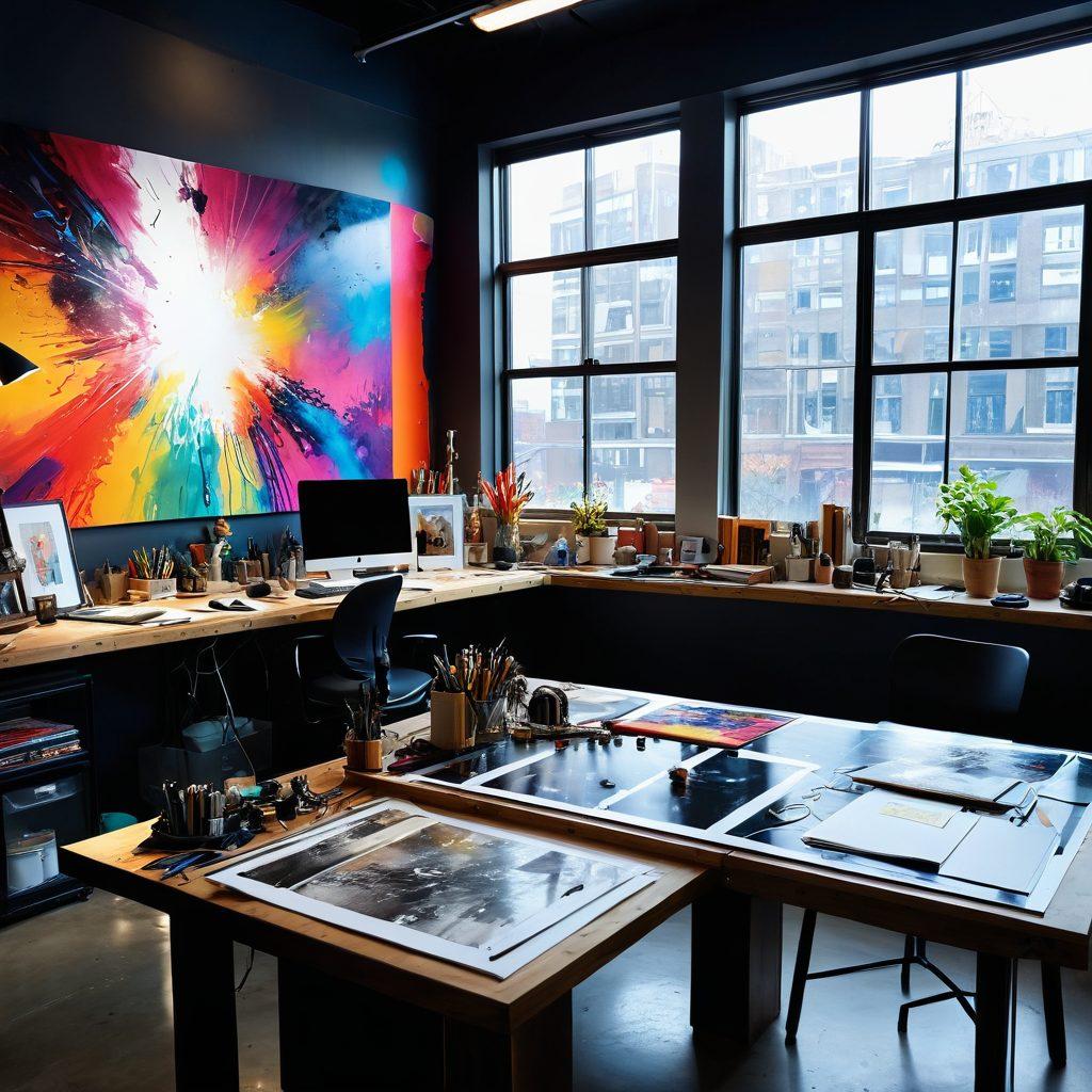 A vibrant art studio filled with diverse creative tools and materials, showcasing artists in action with dynamic expressions of inspiration. The walls are adorned with modern and abstract artworks, while natural light streams through large windows illuminating the creative chaos. Surrounding them are futuristic design elements and technology integrated within the space, symbolizing innovation and the future of artistry. An explosion of colors greets the viewer, inviting them into a world of imagination and creativity. vibrant colors. contemporary art. super-realistic.